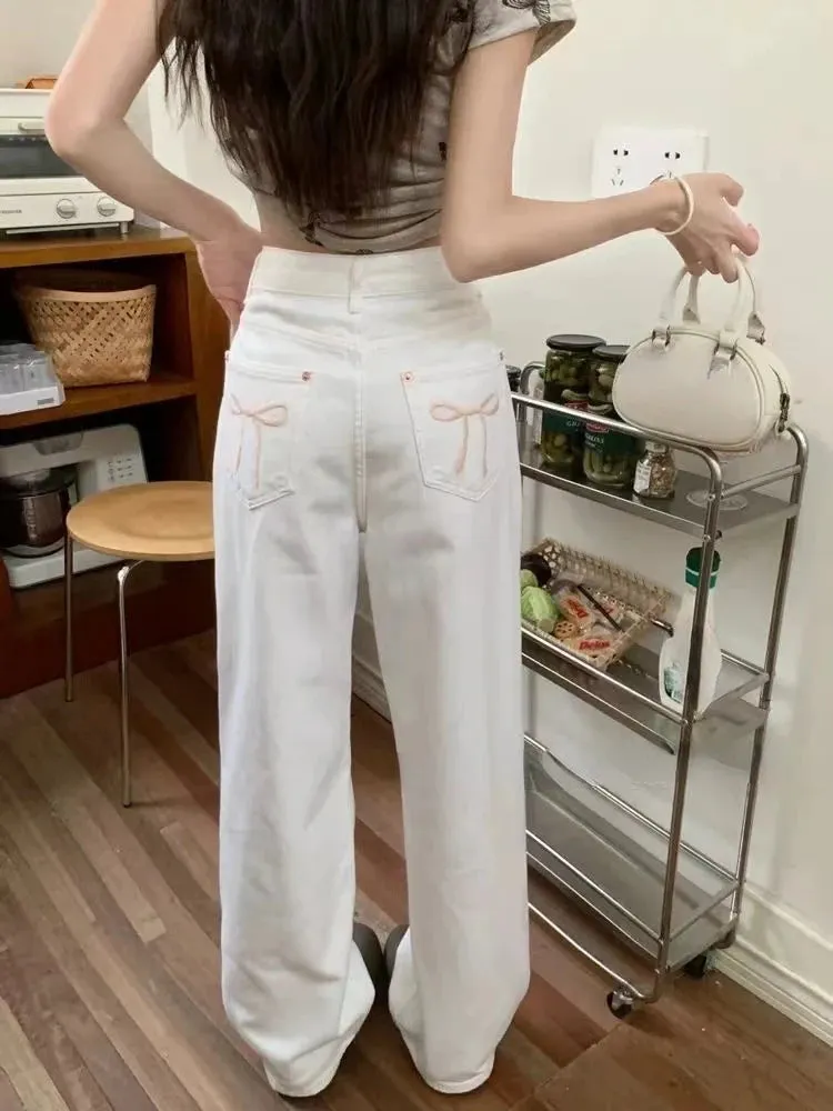 Cute Bow Accent Wide-Leg Jeans
