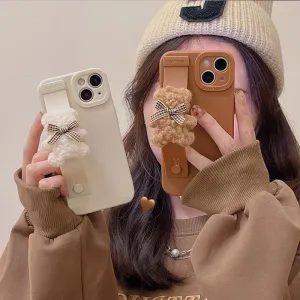 Cute Plush Bear with Bow Wrist Strap Holder Case For iPhone