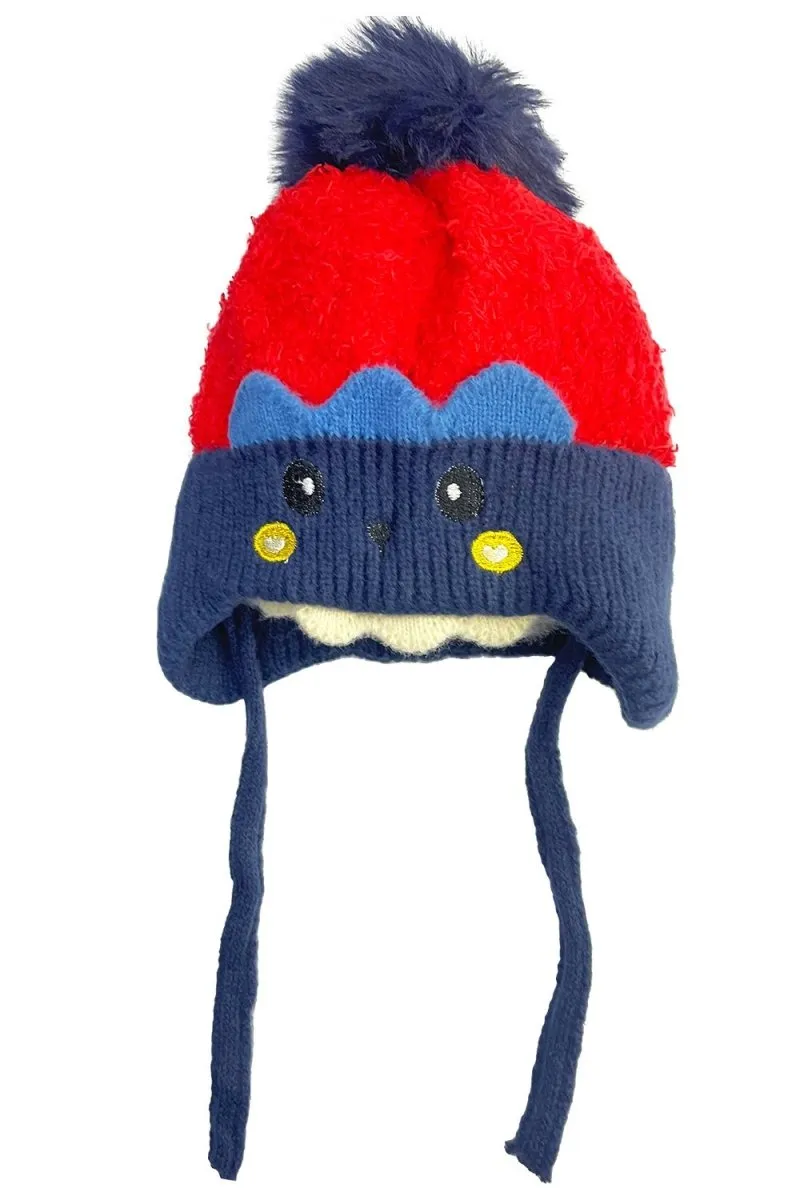 Cutie Bear Baby Knitted Cap With Faux Fur- Navy