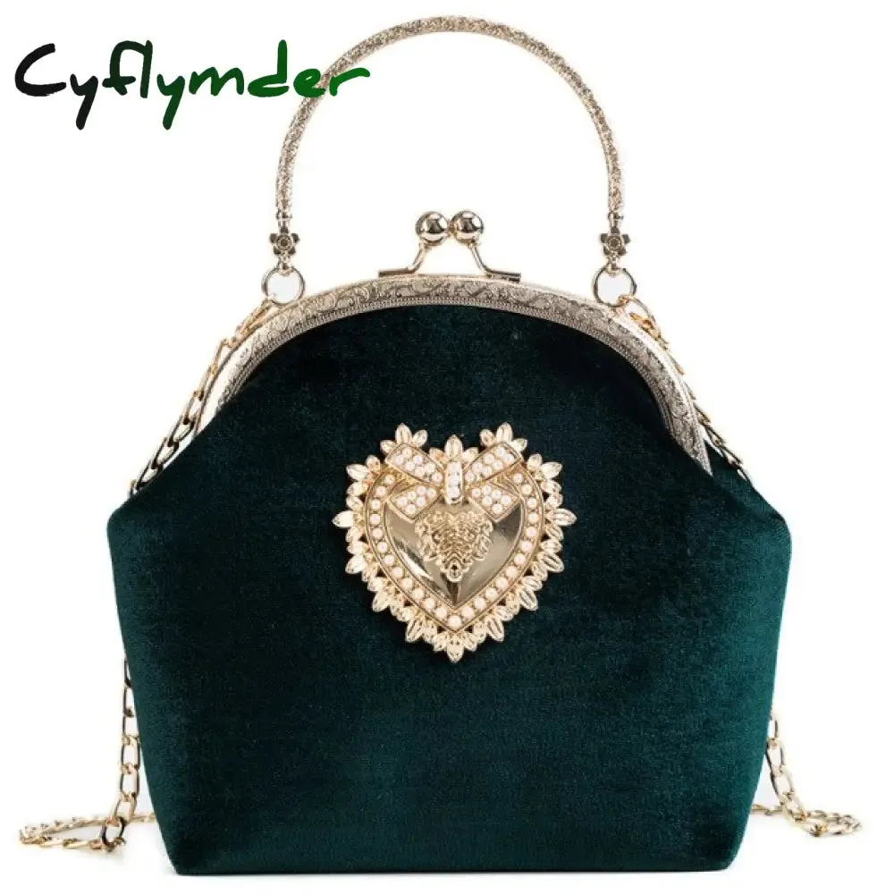 Cyflymder Female Velvet Pearl Handbag Vintage Velour Heart Design Evening Bag Wedding Christmas Party Bride Clutch Velour Badge Bag Purse
