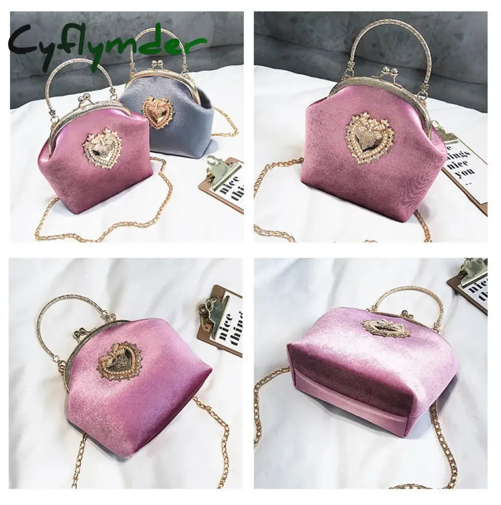 Cyflymder Female Velvet Pearl Handbag Vintage Velour Heart Design Evening Bag Wedding Christmas Party Bride Clutch Velour Badge Bag Purse