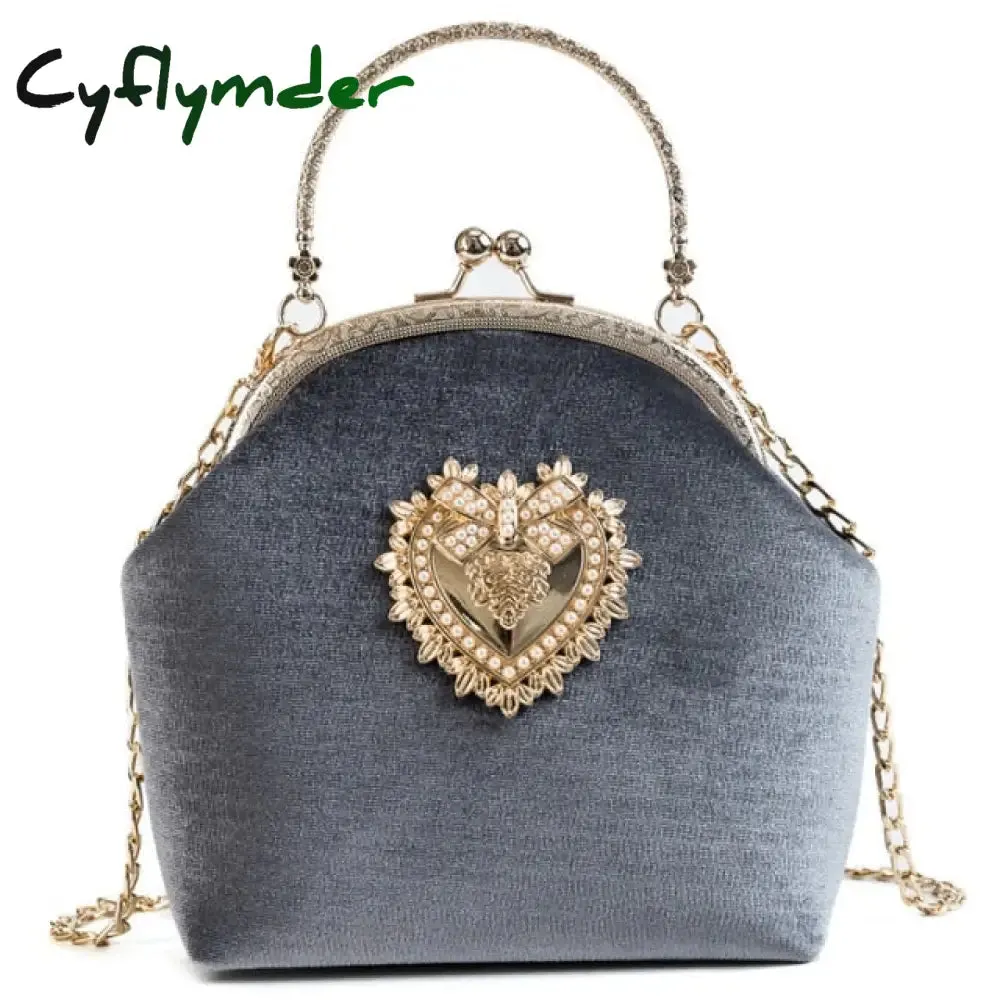 Cyflymder Female Velvet Pearl Handbag Vintage Velour Heart Design Evening Bag Wedding Christmas Party Bride Clutch Velour Badge Bag Purse
