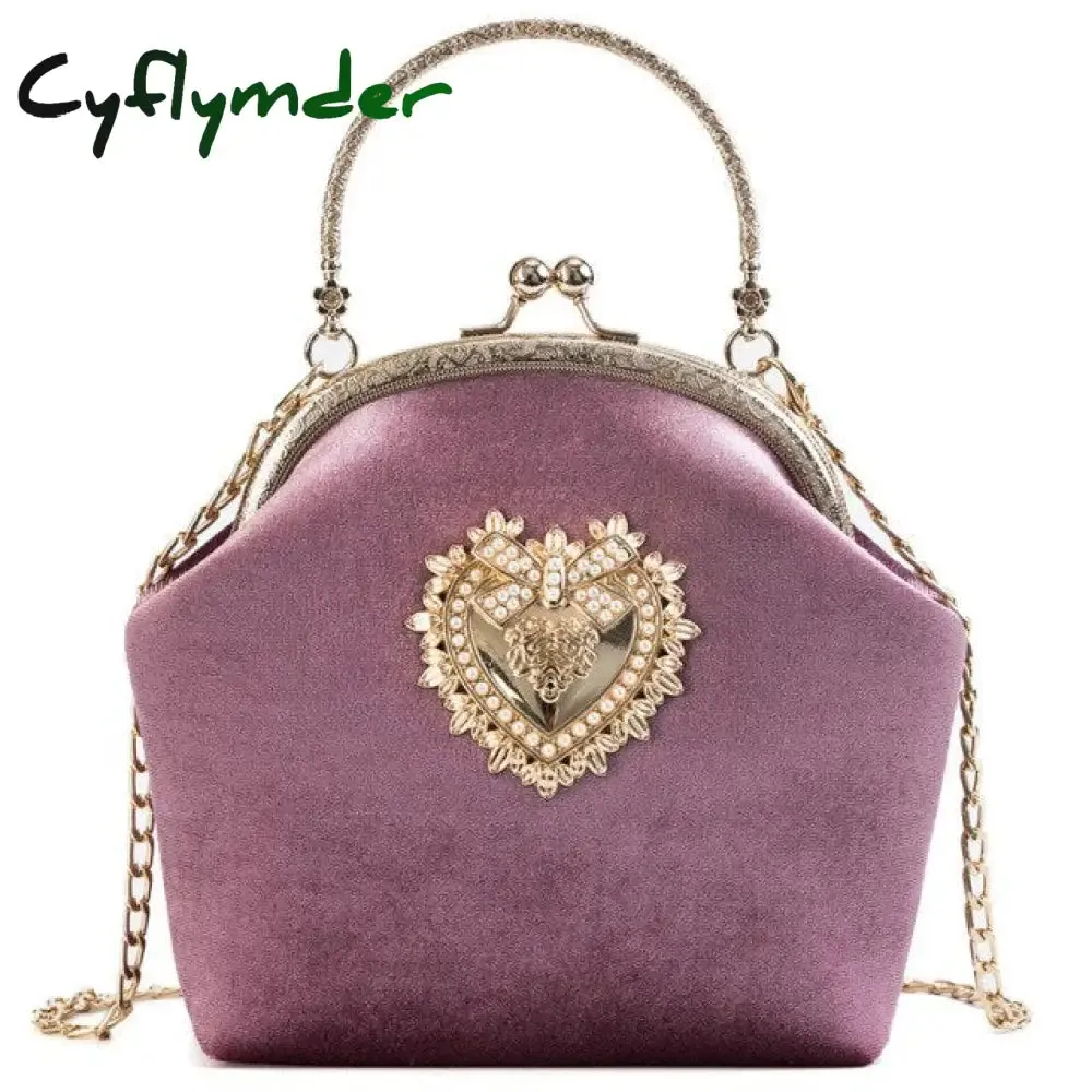 Cyflymder Female Velvet Pearl Handbag Vintage Velour Heart Design Evening Bag Wedding Christmas Party Bride Clutch Velour Badge Bag Purse