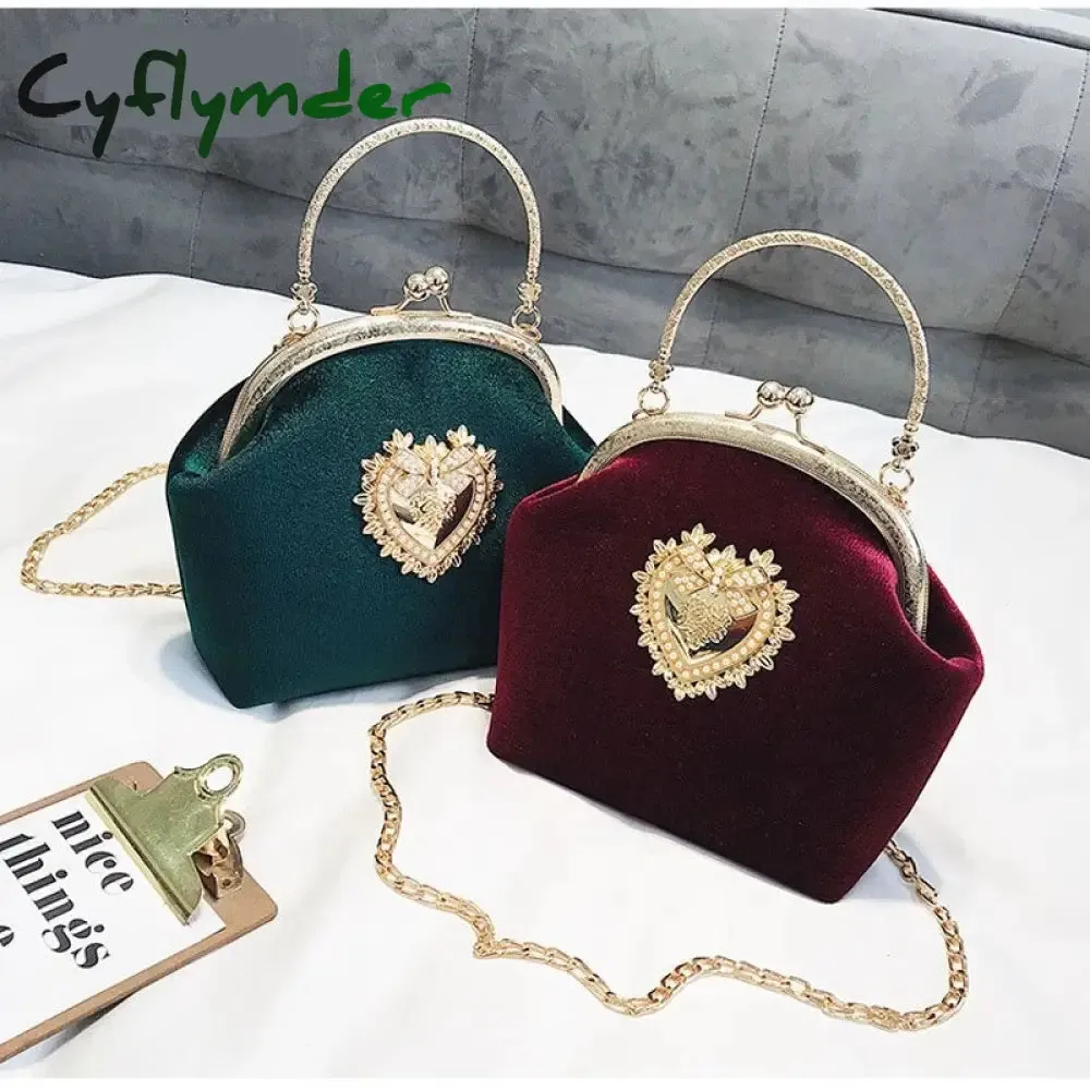 Cyflymder Female Velvet Pearl Handbag Vintage Velour Heart Design Evening Bag Wedding Christmas Party Bride Clutch Velour Badge Bag Purse