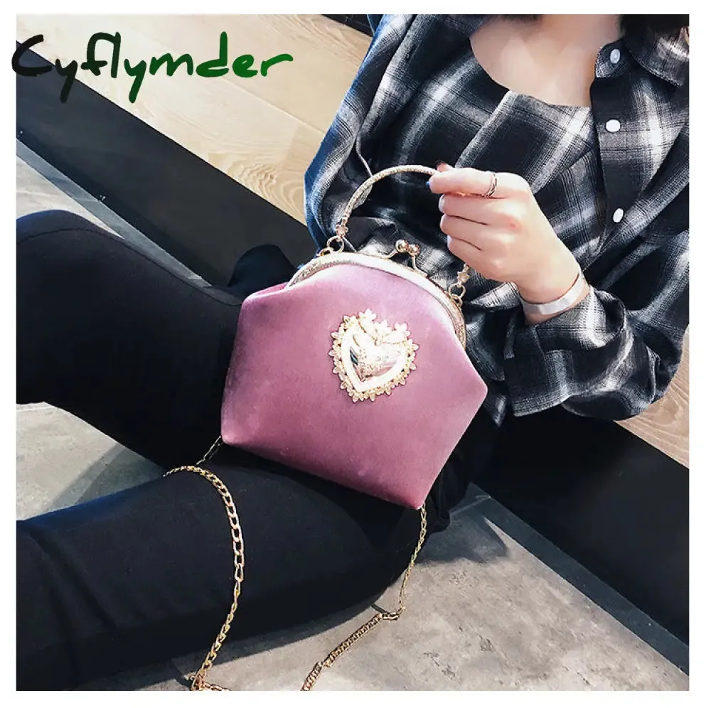 Cyflymder Female Velvet Pearl Handbag Vintage Velour Heart Design Evening Bag Wedding Christmas Party Bride Clutch Velour Badge Bag Purse