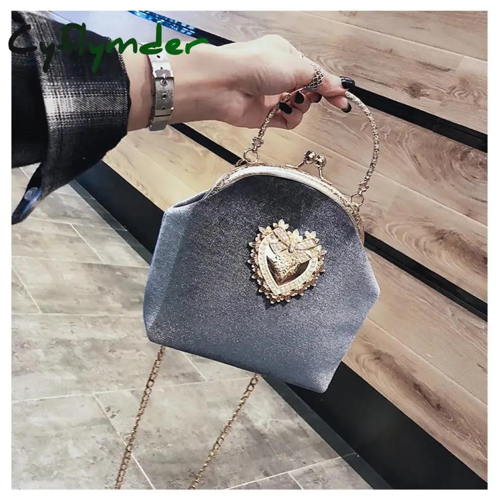 Cyflymder Female Velvet Pearl Handbag Vintage Velour Heart Design Evening Bag Wedding Christmas Party Bride Clutch Velour Badge Bag Purse