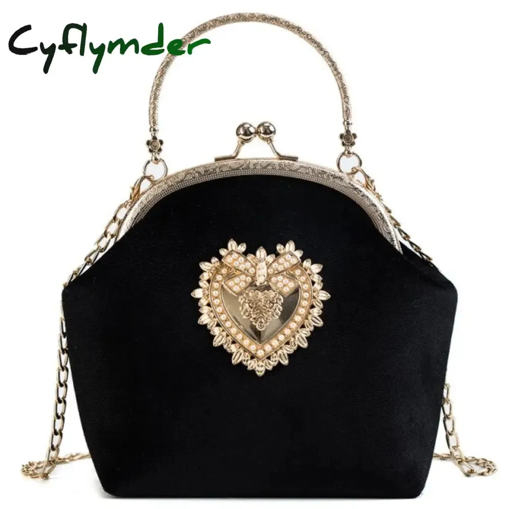 Cyflymder Female Velvet Pearl Handbag Vintage Velour Heart Design Evening Bag Wedding Christmas Party Bride Clutch Velour Badge Bag Purse
