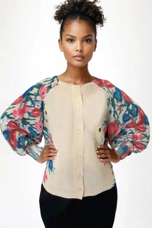 D7412 BEIGE BUTTON DOWN LANTERN SLEEVE TOP