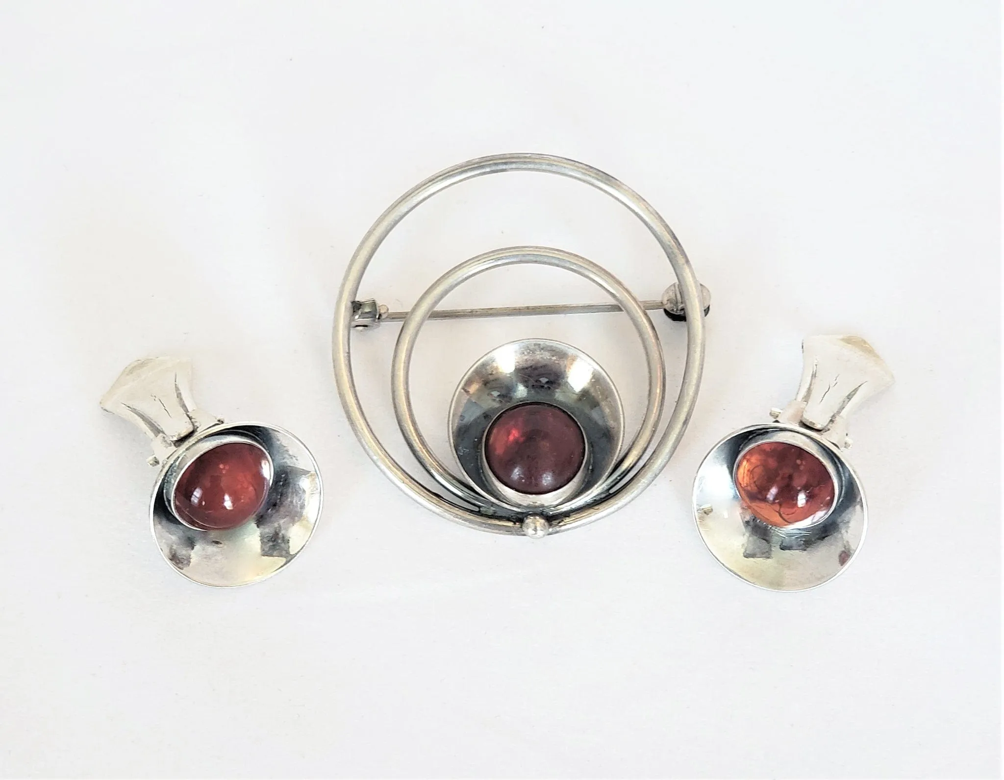 Danish NE From Chalcedony Sterling Modernist Brooch & Earring SET 1940s/50s