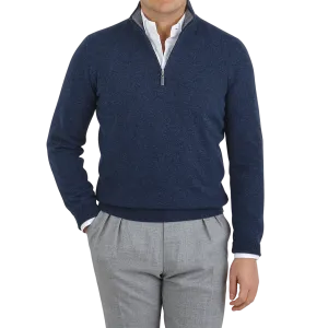 Dark Blue Melange Wool Cashmere 1/4 Zip Sweater