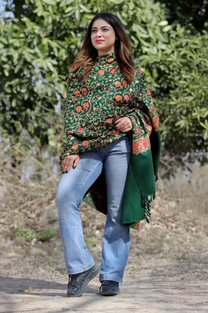 Dark Green Color Aari Work Embroidered Shawl Enriched With Running Jaal Pattern
