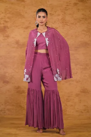 Dark Mauve Embroidered Chinon Silk Cape Set