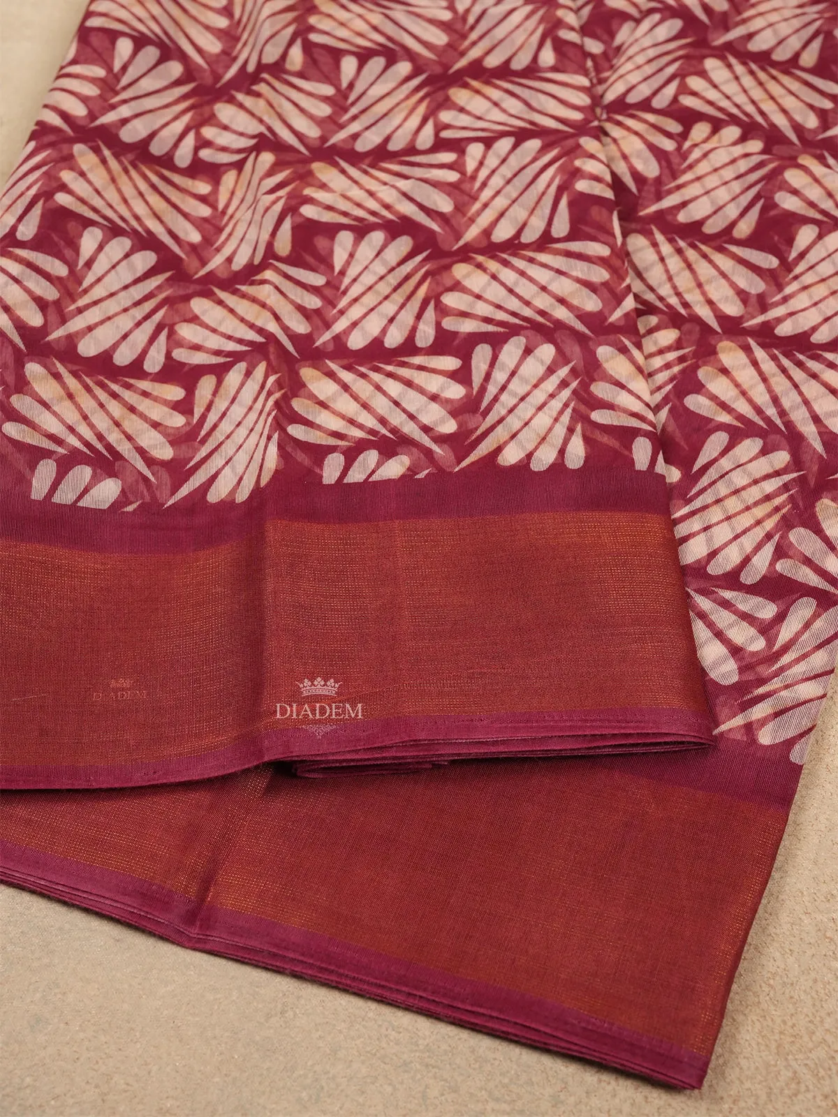 Dark pink Linen Cotton Saree With Leaf Motifs On the Body with Matching Border
