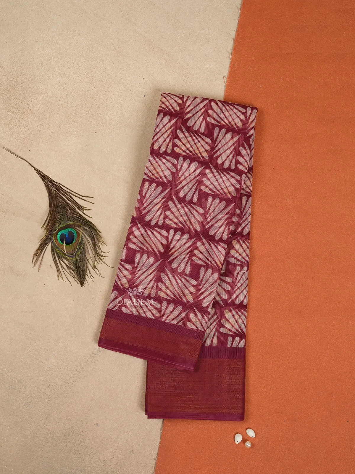 Dark pink Linen Cotton Saree With Leaf Motifs On the Body with Matching Border