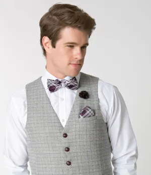 Dark Purple & White Plaid Bow Tie & Lapel Pin Set
