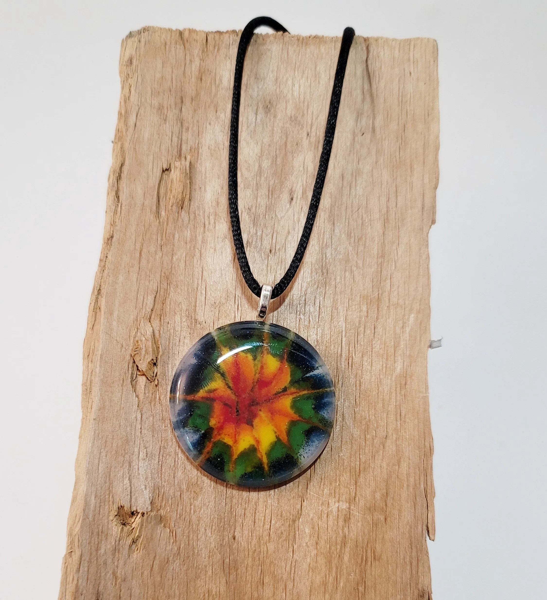 Dark Tie Dye look fused glass Circle pendant necklace jewelry, rainbow color on 20 inch steel chain