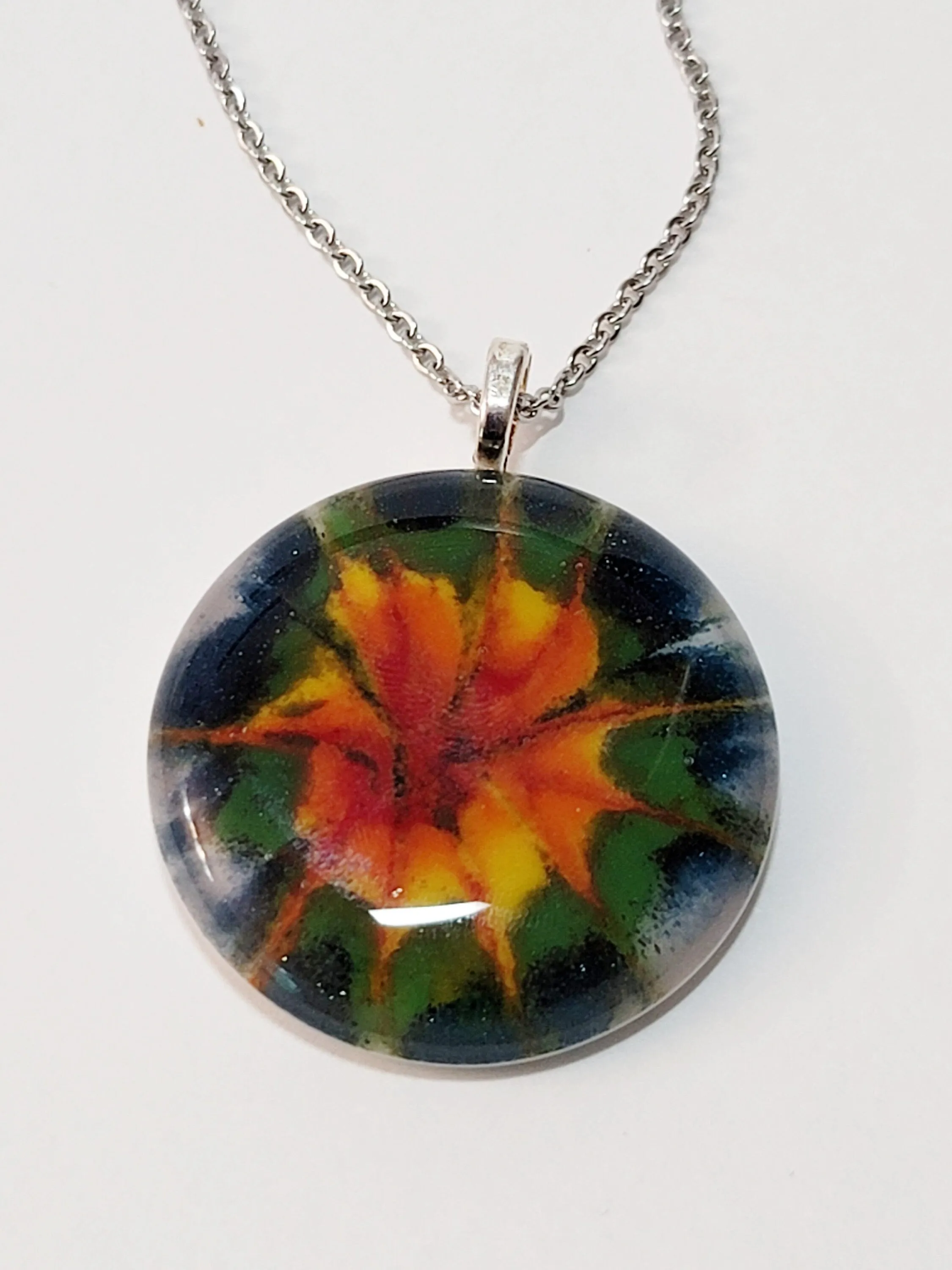 Dark Tie Dye look fused glass Circle pendant necklace jewelry, rainbow color on 20 inch steel chain
