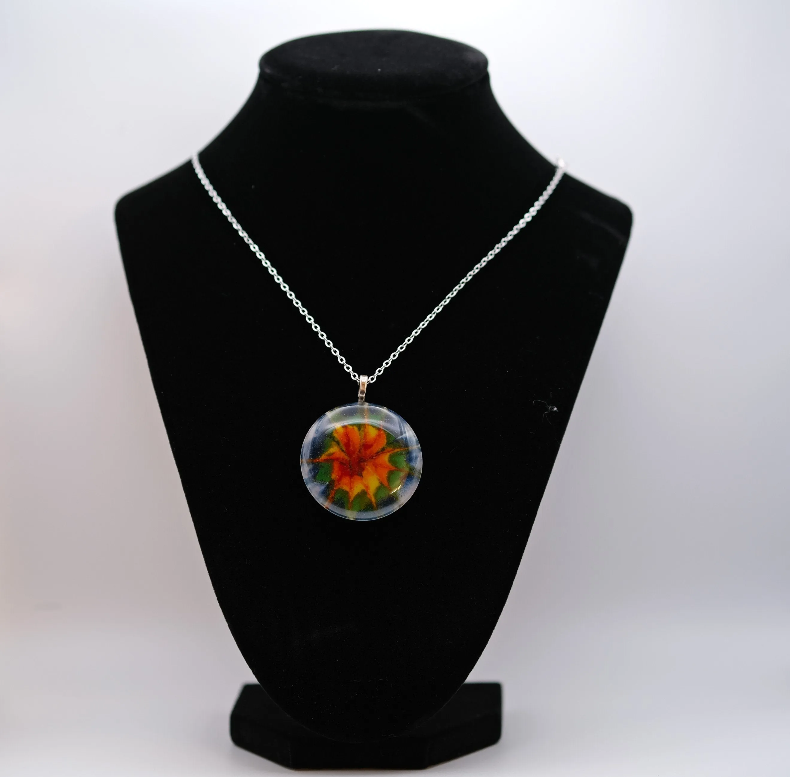Dark Tie Dye look fused glass Circle pendant necklace jewelry, rainbow color on 20 inch steel chain