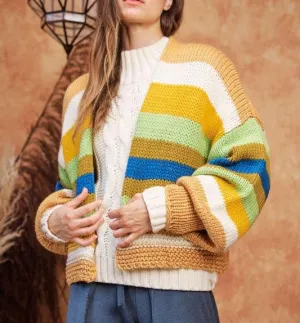 Davi & Dani Colorful Striped Open Women Cardigan Lantern Sleeve Soft Knitwear
