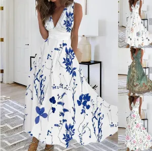 DEANWANGKT Europe and America Cross Border Women's Summer New V-neck High Waist Sleeveless Printed Sexy Vest Dress
