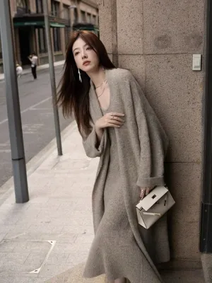 deanwangkt  New Women's Autumn and Winter Thickened Comfortable Loose Long Sweater Jacket Knitted Dress Two Piece Autumn and Winter Set