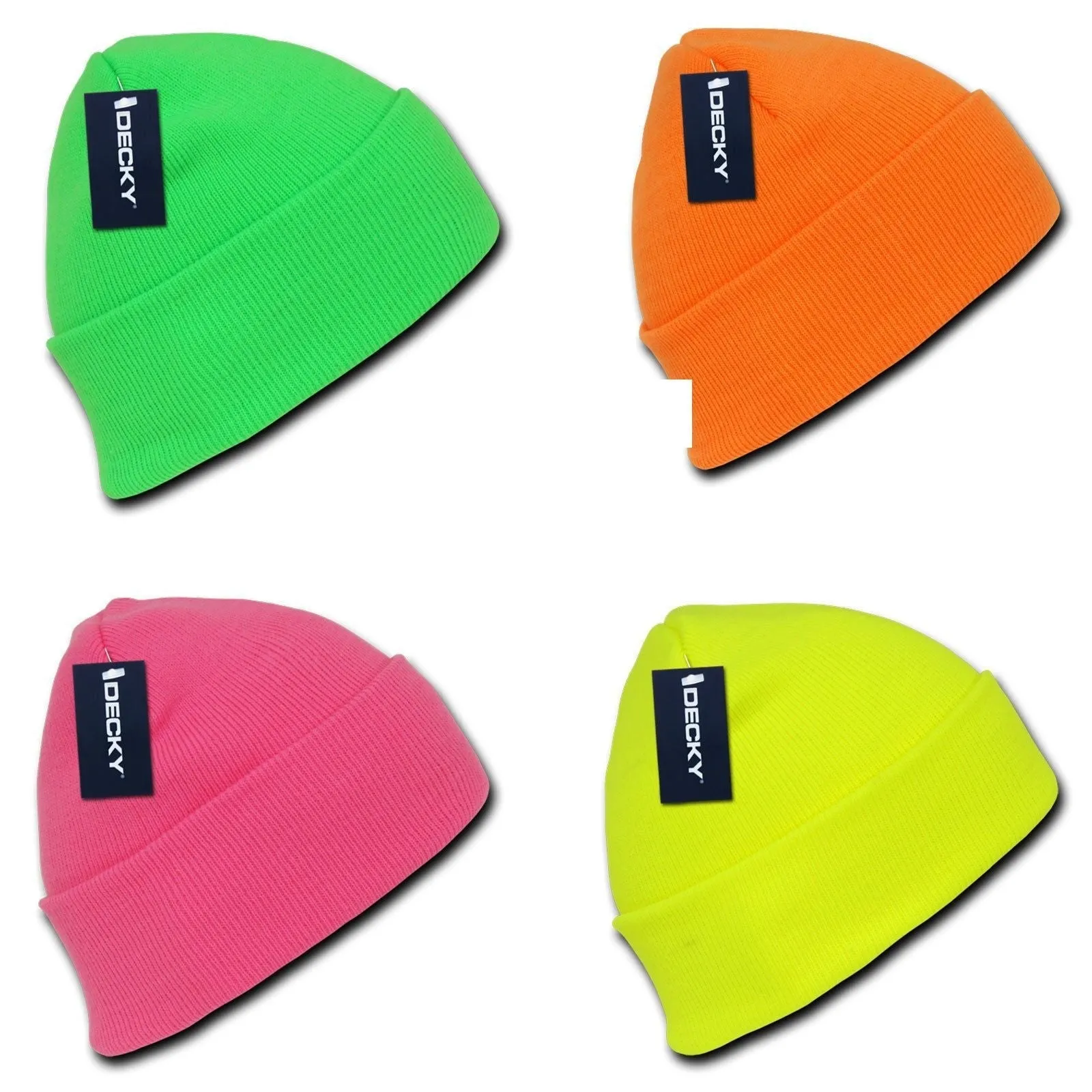 Decky Bright Neon Long Cuffed Beanies Knit Ski Skull Caps Hats Snowboard Winter