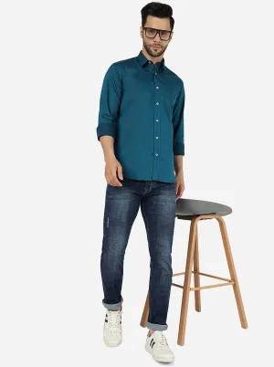 Deep Teal Solid Slim Fit Semi Casual Shirt | JadeBlue