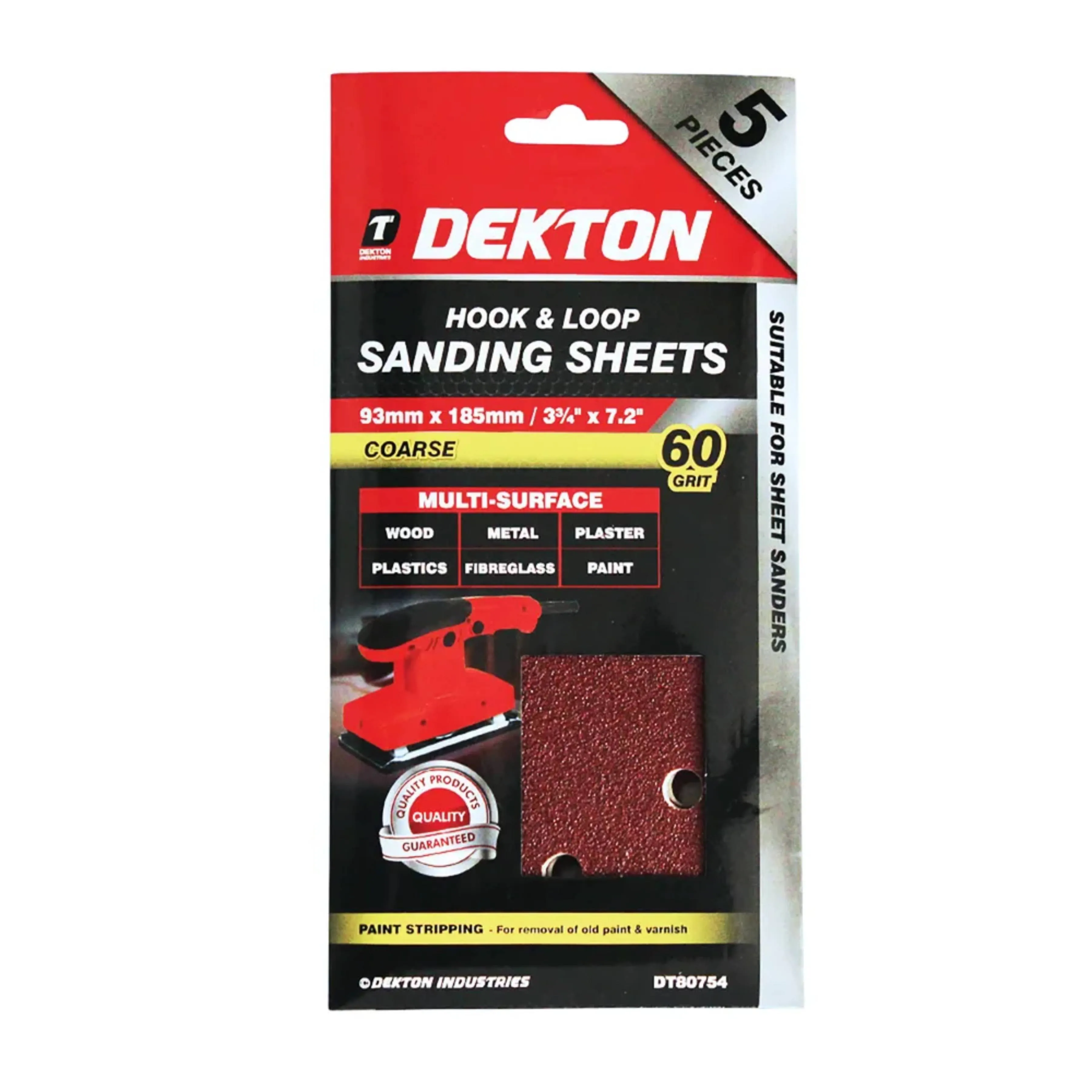 DEKTON 5PC Hook and Loop Sanding Sheets 93mm x 185mm - Coarse 60 Grit