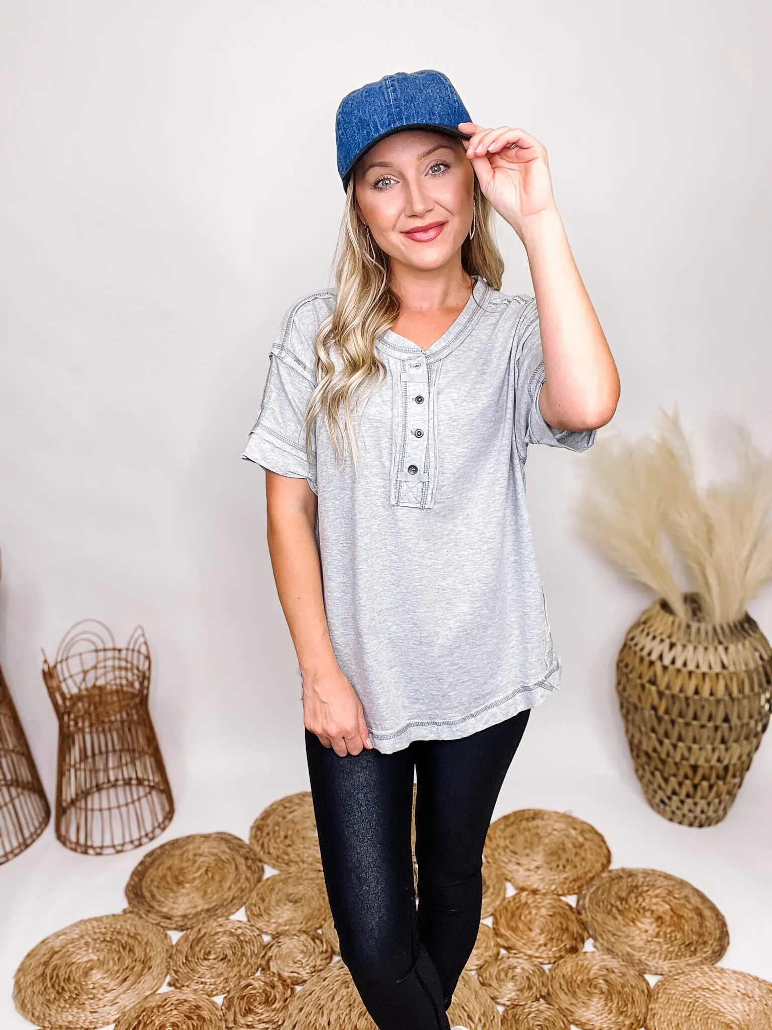 Denim and Black Suede Baseball Hat