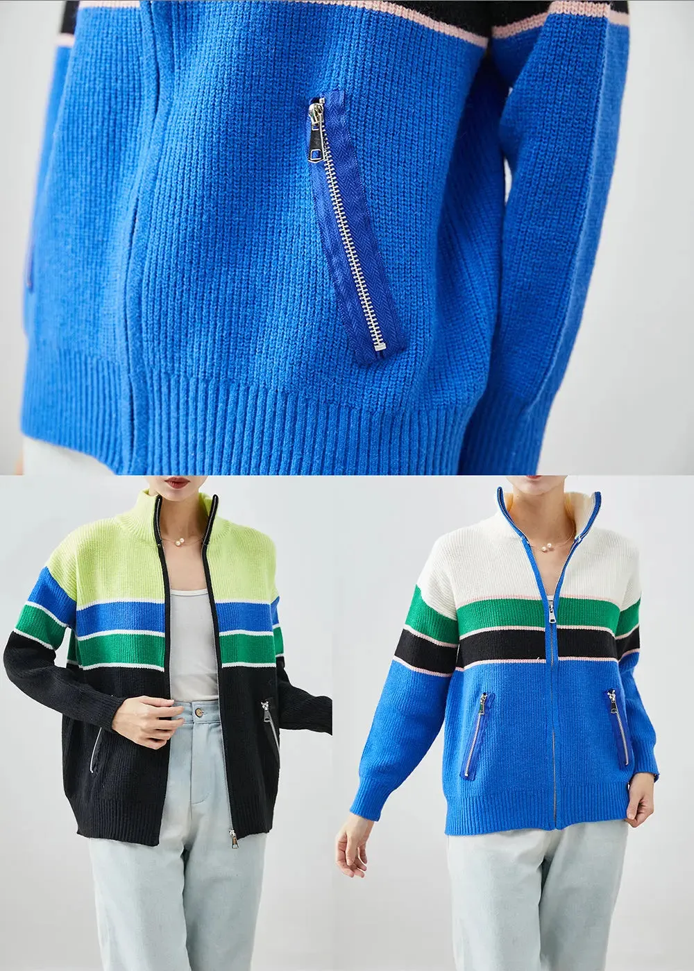 Design Zip Up Patchwork Knit Coats