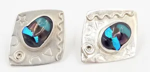 Designer Barbara Sucherman Sterling Silver   Glass Modernist Earrings 1980's