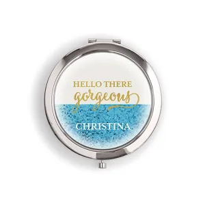Designer Compact Mirror - Glitter Foil Print Rose Gold Caribbean Blue