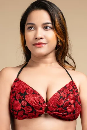 Designer Red Backless Halter Neck Non Padded Bikini Blouse For Women