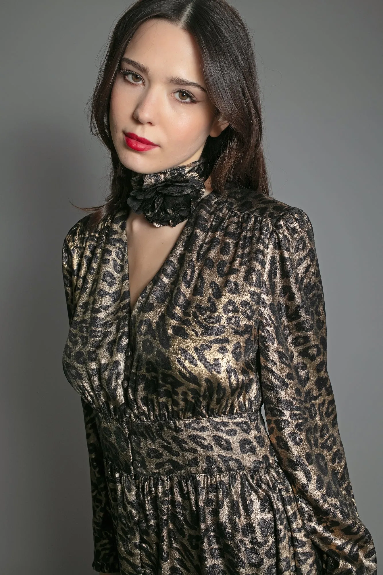 DEVINA LAME DRESS IN LEOPARD PRINT