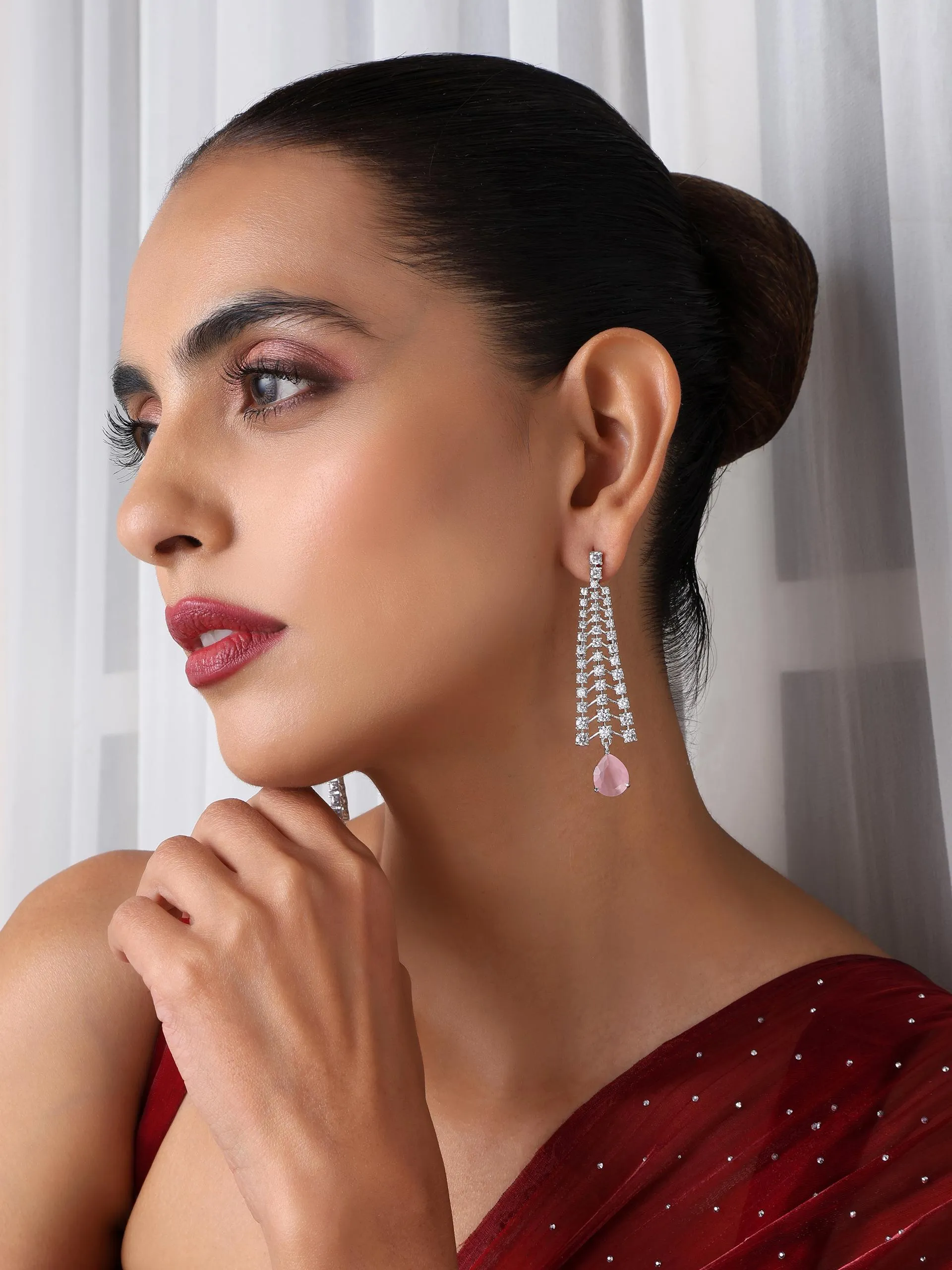Diamond Lines With Pink Drop Earring