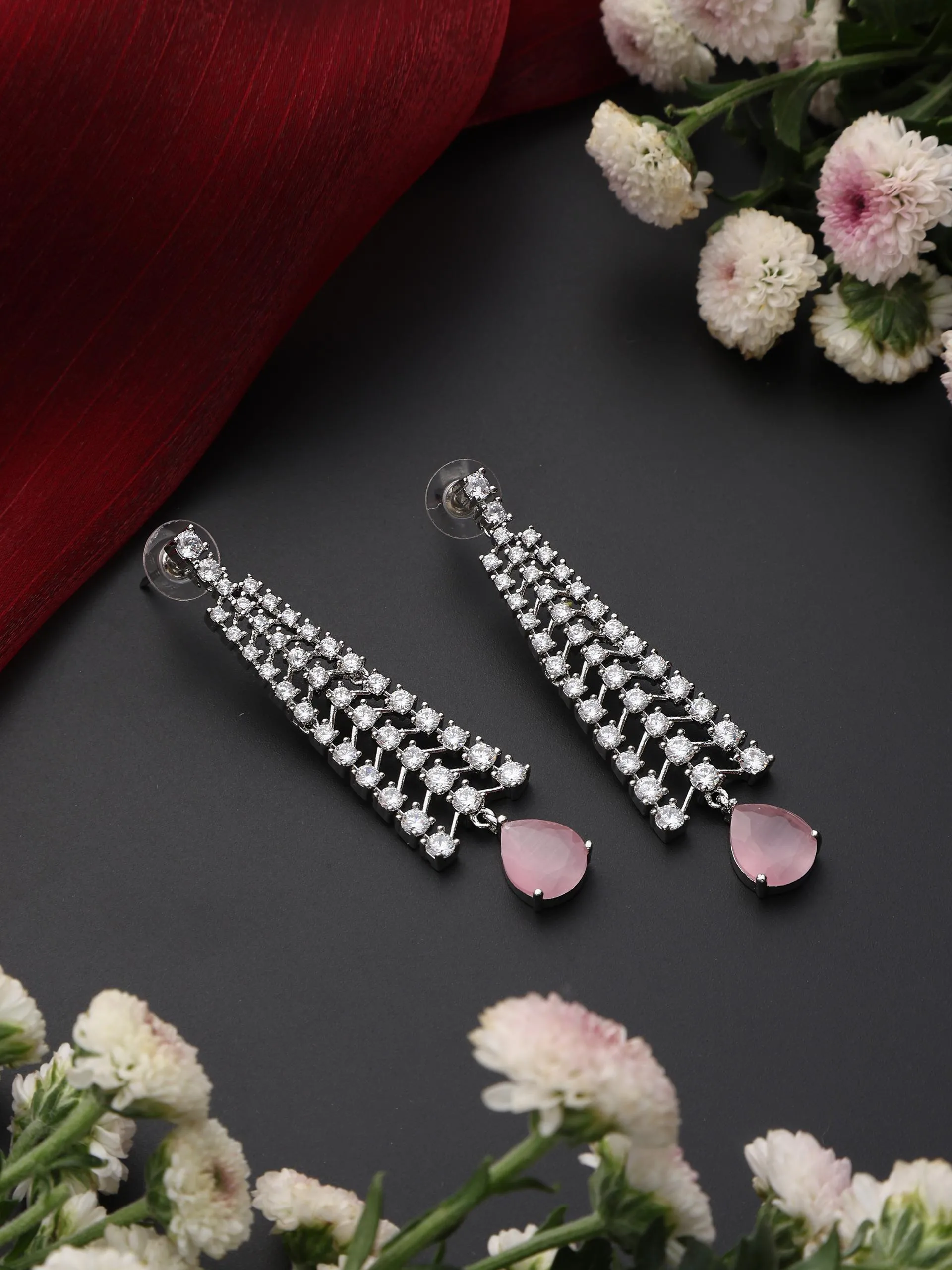Diamond Lines With Pink Drop Earring