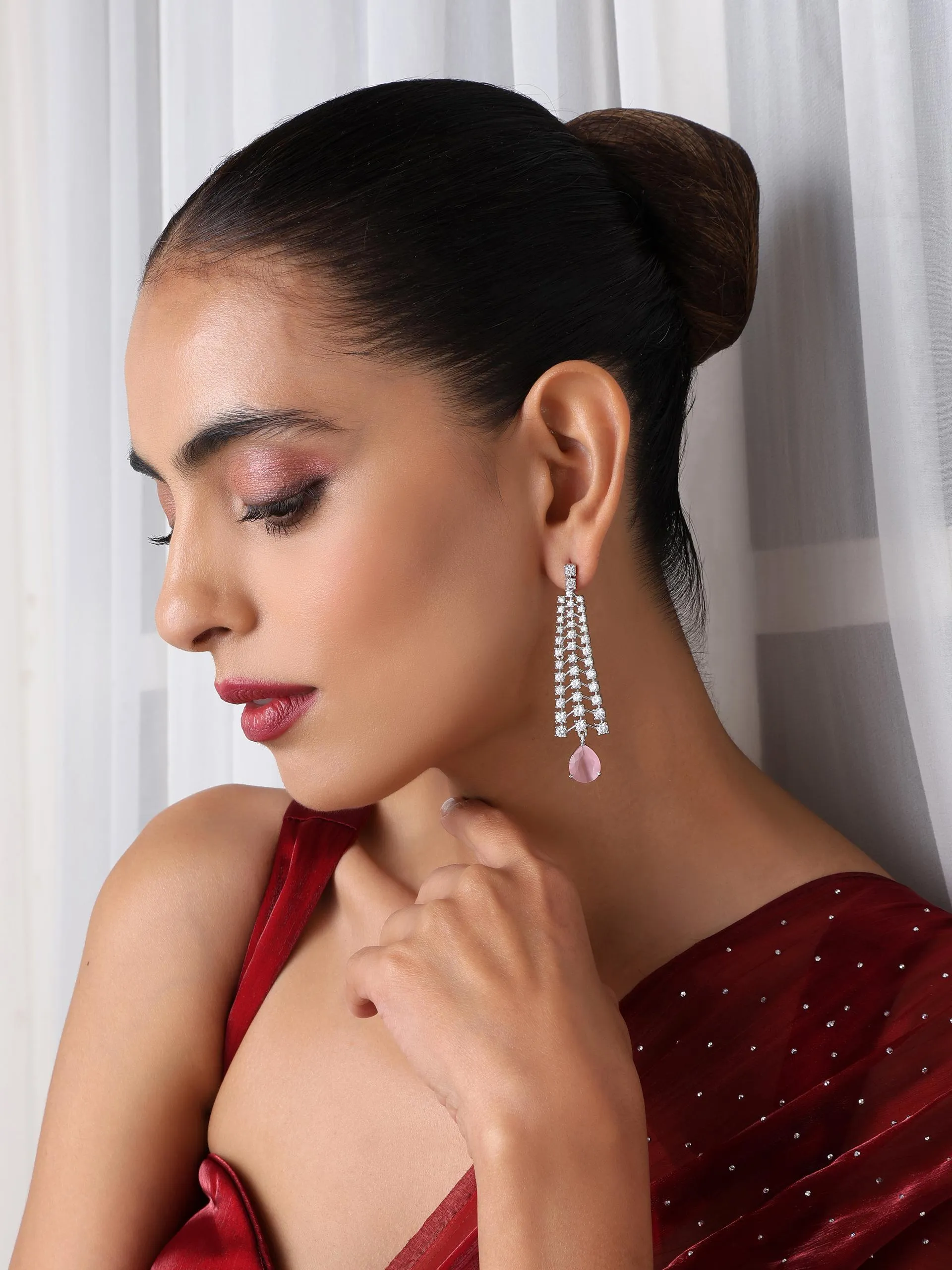 Diamond Lines With Pink Drop Earring