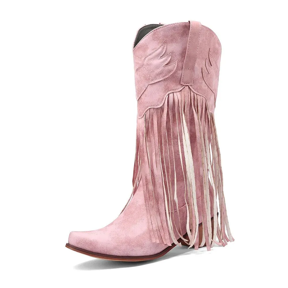 DIANE LOCKHART Fringed Mid-Calf Western Cowboy Boots