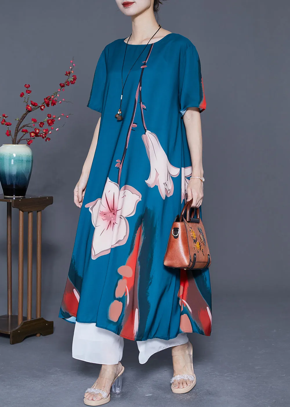 Diy Navy Oversized Print Draping Silk Holiday Dress Summer LY5409