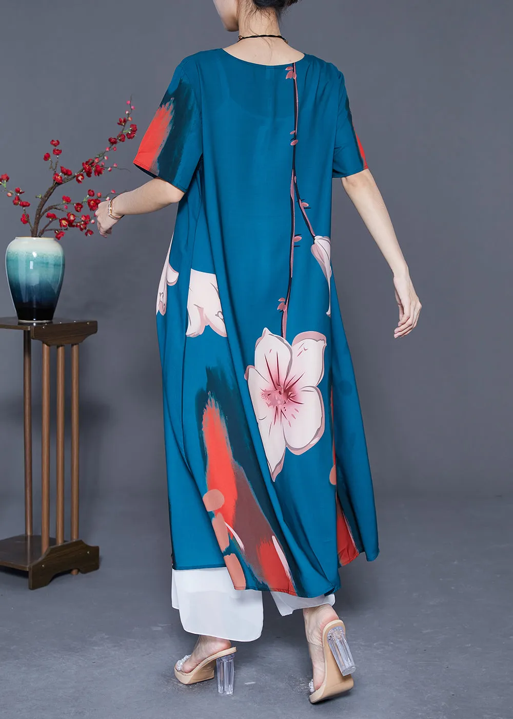 Diy Navy Oversized Print Draping Silk Holiday Dress Summer LY5409