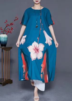 Diy Navy Oversized Print Draping Silk Holiday Dress Summer LY5409