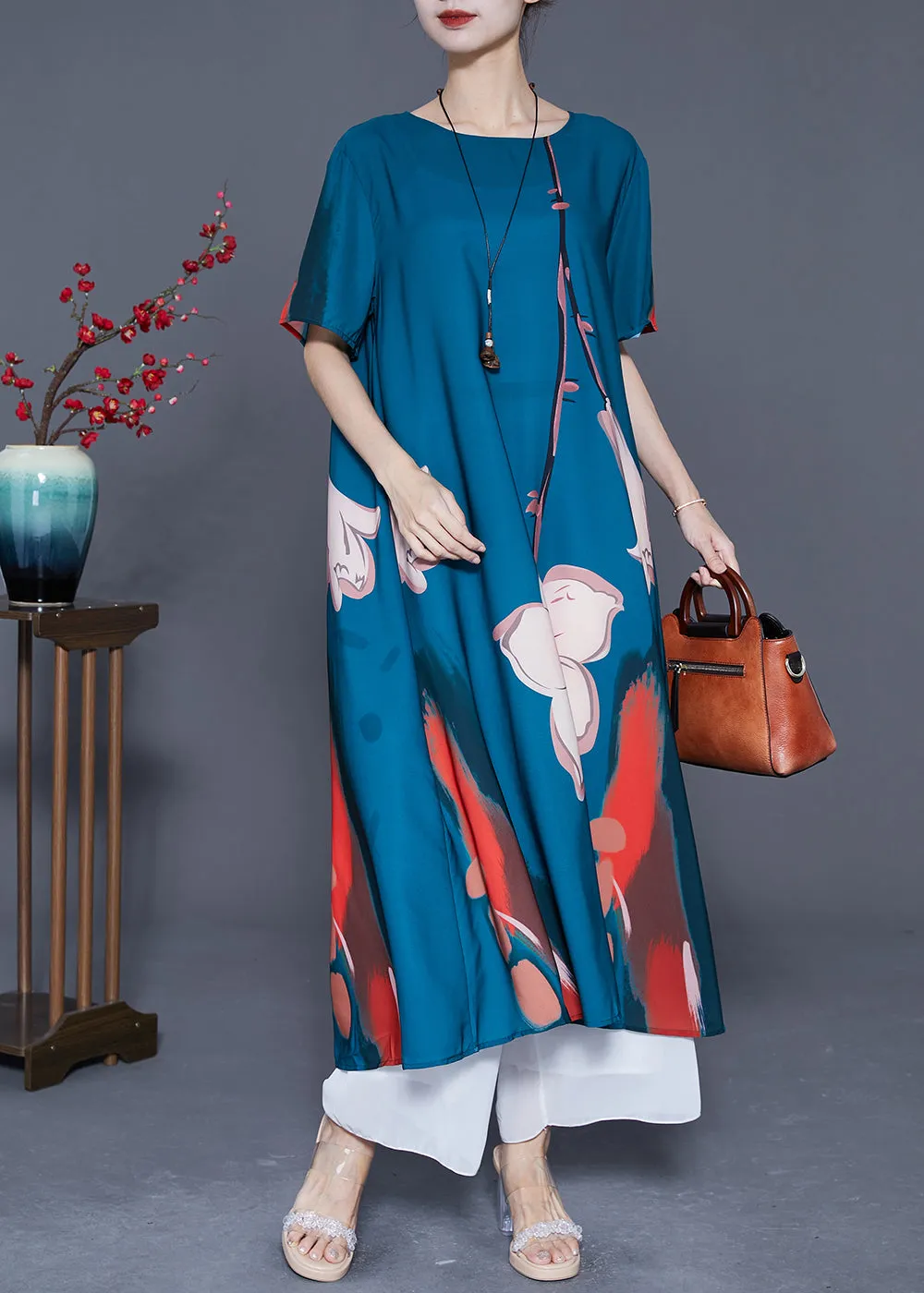 Diy Navy Oversized Print Draping Silk Holiday Dress Summer LY5409