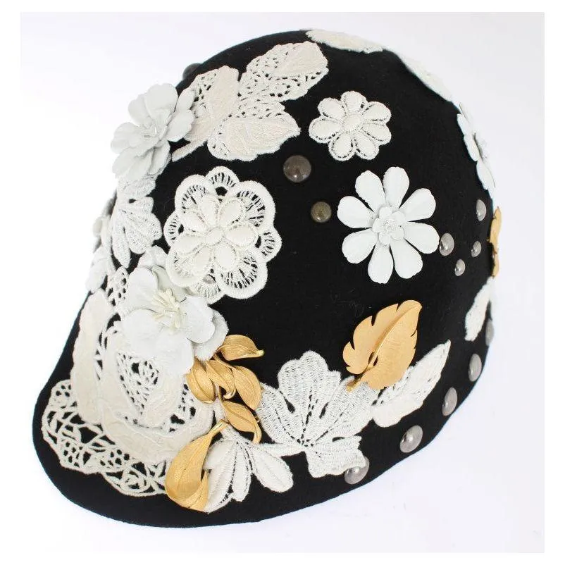 Dolce & Gabbana Elegant Black Floral Wool Cloche Hat