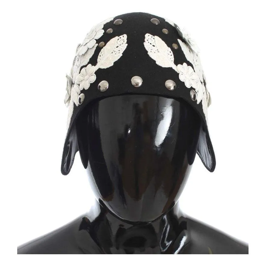 Dolce & Gabbana Elegant Black Floral Wool Cloche Hat