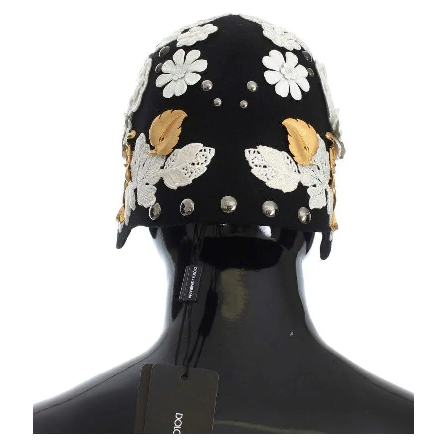 Dolce & Gabbana Elegant Black Floral Wool Cloche Hat