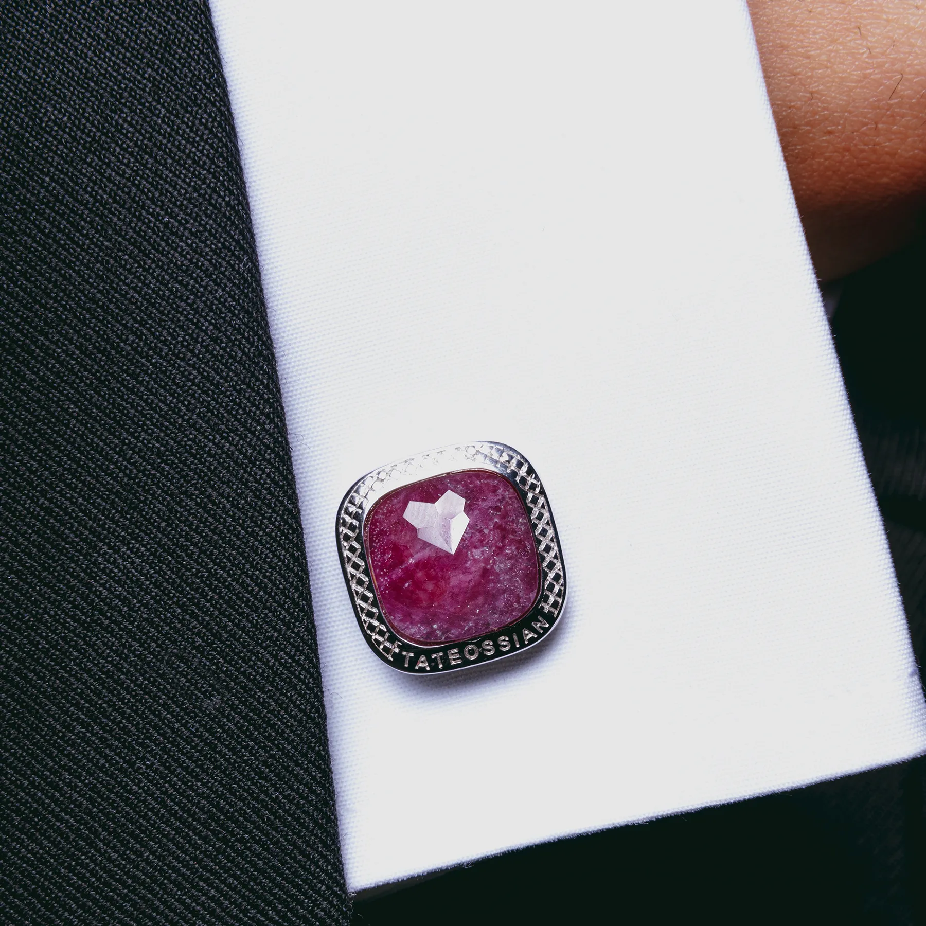Doppione Cushion Cufflinks With Ruby In Rhodium Silver