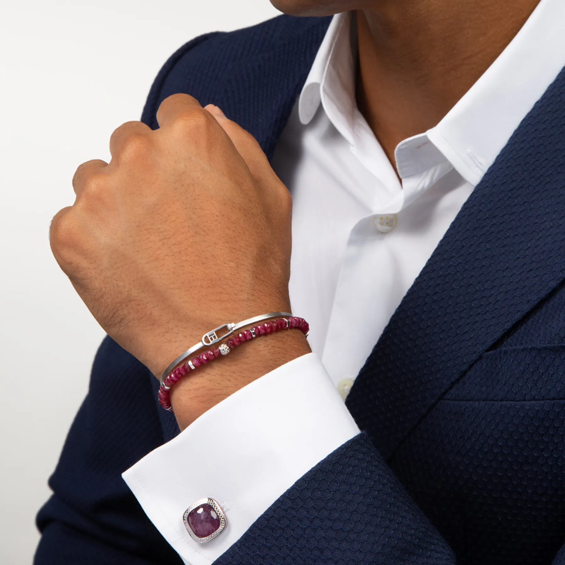 Doppione Cushion Cufflinks With Ruby In Rhodium Silver