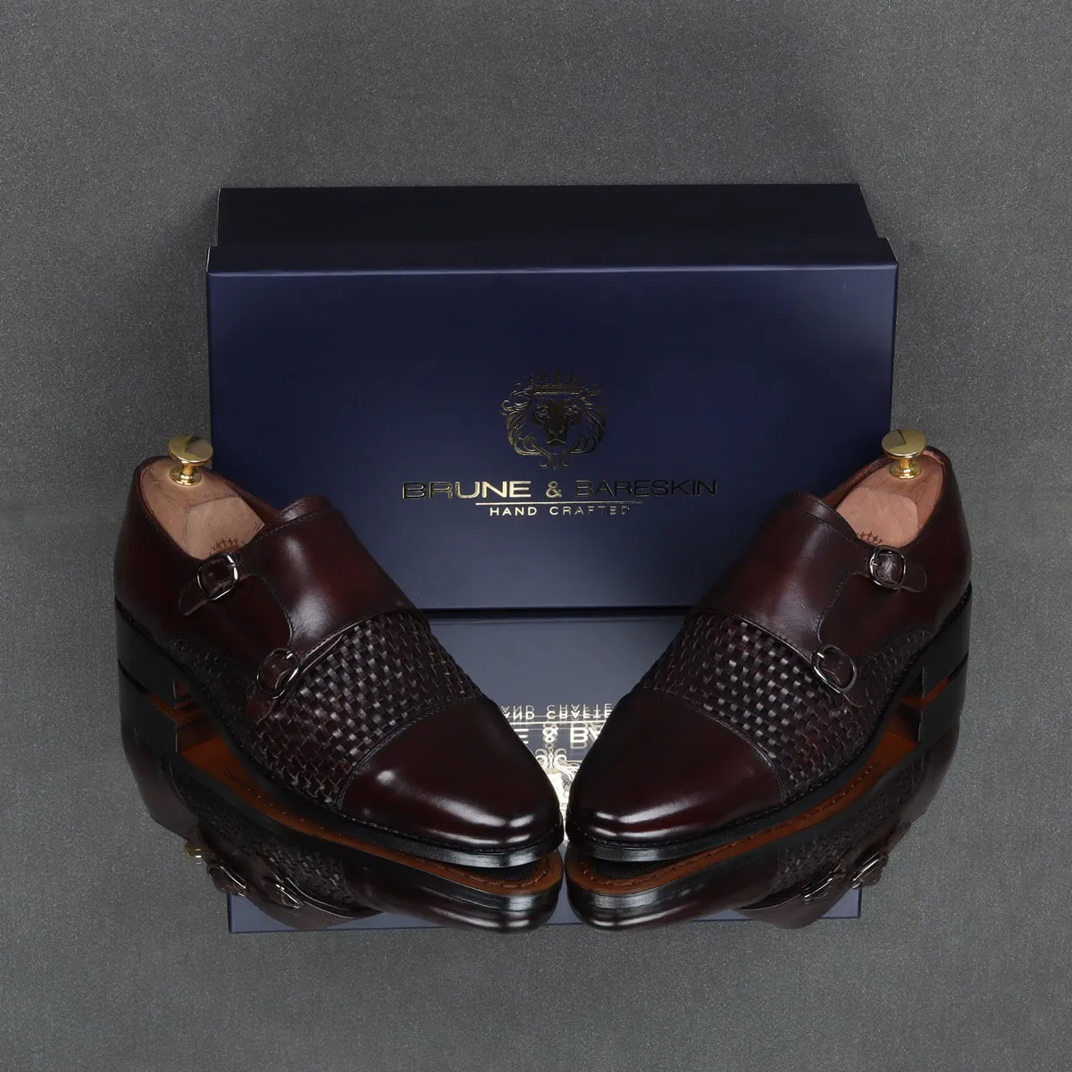 Double Monk Leather Shoe in Dark Brown Leather Dual Shade Woven Detailed Vamp to Quarter By Brune & Bareskin