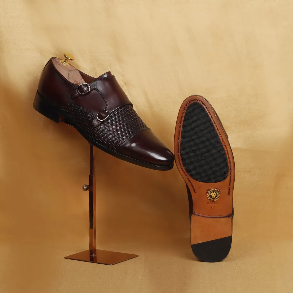 Double Monk Leather Shoe in Dark Brown Leather Dual Shade Woven Detailed Vamp to Quarter By Brune & Bareskin