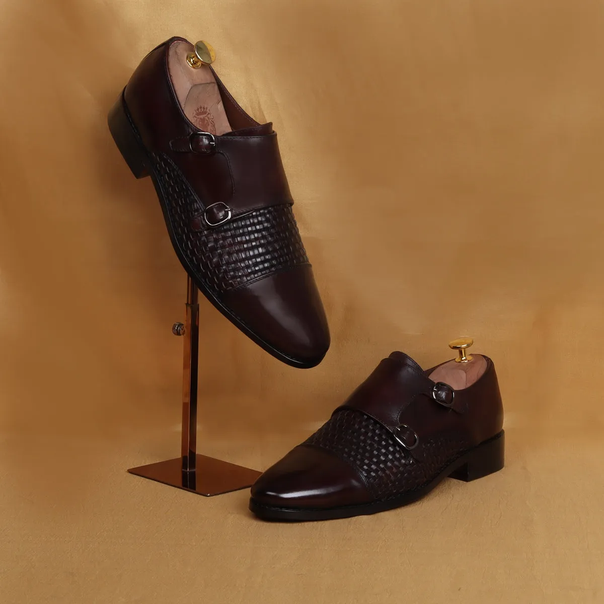 Double Monk Leather Shoe in Dark Brown Leather Dual Shade Woven Detailed Vamp to Quarter By Brune & Bareskin